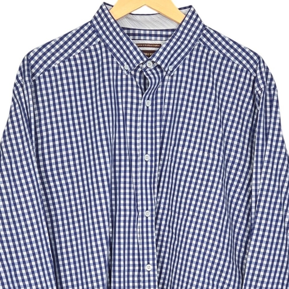 Johnston & Murphy Button Down Shirt Mens XXL Blue White Gingham Long Sleeve